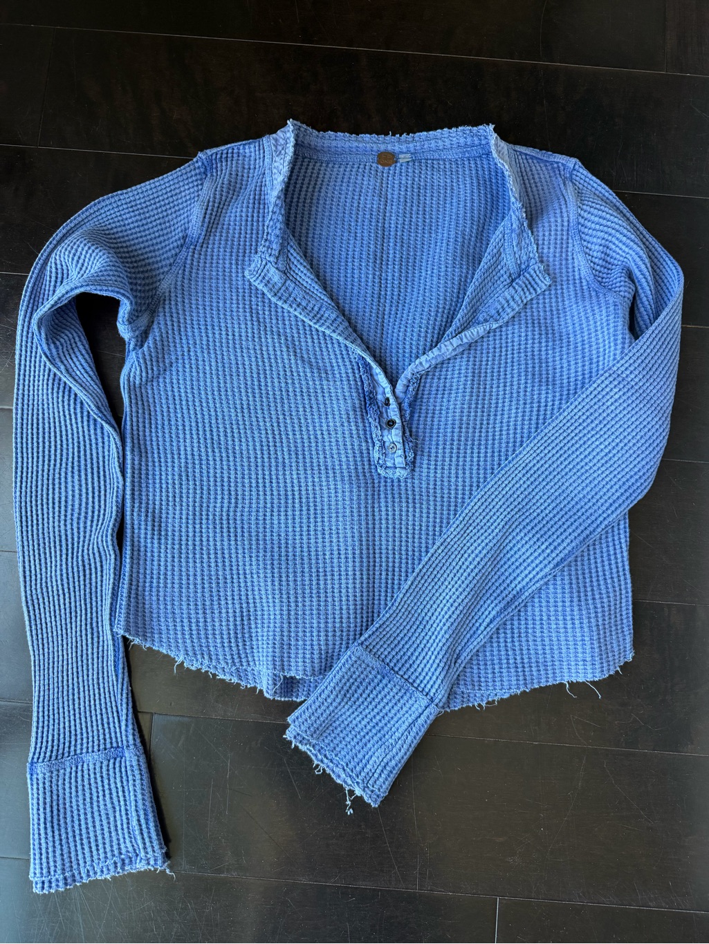 Free People Blue Waffle-Knit Henley Long Sleeve Top
